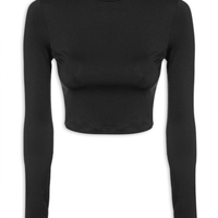 Blusa Feminina Manga Longa Gola Alta Dedeira Liso - Preto