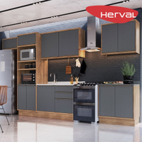 Cozinha Modulada Completa 6 Peças com Tampo 100% MDF Herval Uno, Grafite e Louro Freijó 350 cm