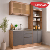 Cozinha Modulada Completa 3 Peças 100% MDF com Vidro Herval Uno, Grafite e Louro Freijó