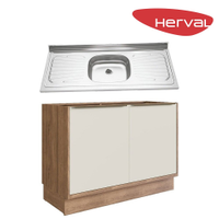 Balcão de Cozinha com Chapa de Pia Tramontina Herval Uno, Off White e Louro Freijó 120 cm