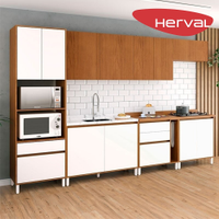 Cozinha Modulada Completa 9 Peças com Tampo Herval Roma, Freijó e Branco 350 cm
