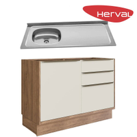 Balcão de Cozinha com Chapa de Pia Ghel Herval Uno, Off White e Louro Freijó 120 cm