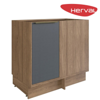 Balcão de Canto Reto 1 Porta MDF Herval Uno, Grafite e Louro Freijó 92,5 cm
