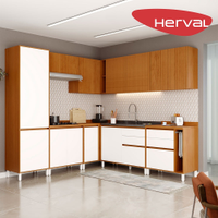 Cozinha Modulada Completa de Canto 9 Peças com 3 Tampos Herval Roma, Freijó e Branco