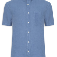 Camisa Masculina Manga Curta Puro Linho Tinturado Bolso - Azul