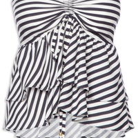 Blusa Feminina Listrada Sem Alça Com Babados - Azul