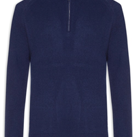 Suéter Masculino Gola Alta Com Meio Zíper Blend de Lã e Cashmere - Azul
