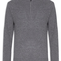 Suéter Masculino Gola Alta Com Meio Zíper Blend de Lã e Cashmere - Cinza