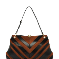 Bolsa de Ombro Grande Patchwork Chevron Marrom