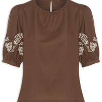 Blusa Feminina Manga Bufante com Bordado Marrom