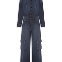 Macacão Feminino Jeans Manga Longa Cargo - Azul