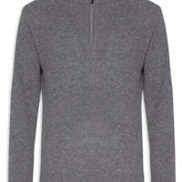 Suéter Masculino Gola Alta Com Meio Zíper Blend de Lã e Cashmere - Cinza