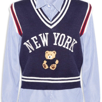 Camisa Feminina com Colete em Tricot Azul