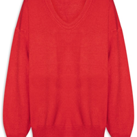 Suéter Feminino Amplo Gola V Em Tricot - Vermelho