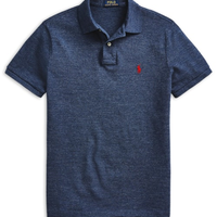 Polo Masculina Manga Curta Slim Fit Logo Bordado - Azul