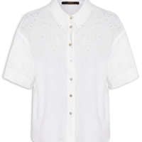 Camisa Feminina Com Linho Manga Curta Bordada - Branco