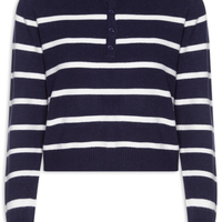 Suéter Feminino Tricot Listrado Com Botão - Azul