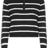 Suéter Feminino Tricot Listrado Com Botão - Preto