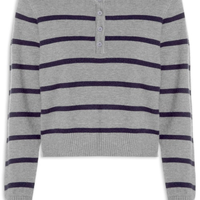 Suéter Feminino Tricot Listrado Com Botão - Cinza