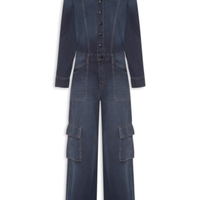 Macacão Feminino Jeans Manga Longa Cargo - Azul