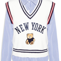 Camisa Feminina com Colete em Tricot Azul