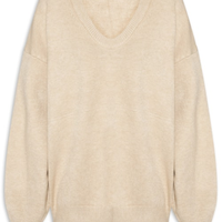 Suéter Feminino Amplo Gola V Em Tricot - Bege