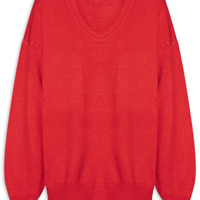 Suéter Feminino Amplo Gola V Em Tricot - Vermelho