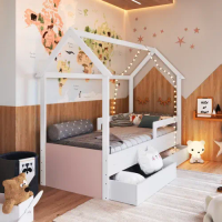 Cama Infantil Montessoriana com Gavetões Inferiores Branco/Rosa