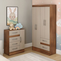 Quarto Infantil com Cômoda 4 Gavetas e 1 Porta Guarda-Roupa 4 Portas e 2 Gavetas Ninho Castanho/Off White