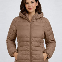 Jaqueta puffer feminina com capuz bege