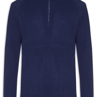 Suéter Masculino Gola Alta Com Meio Zíper Blend de Lã e Cashmere - Azul