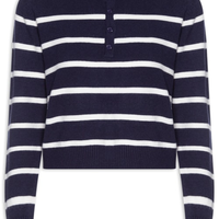 Suéter Feminino Tricot Listrado Com Botão - Azul
