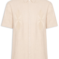 Camisa Masculina Manga Curta Linen Bordado - Bege