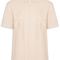 Camisa Masculina Manga Curta Linen Bordado - Bege