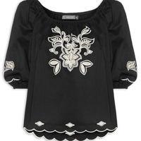 Blusa Feminina Ombro A Ombro Bordado Folk - Preto
