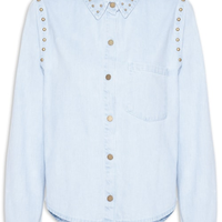 Camisa Feminina Jeans Rebites Gola E Cava Azul