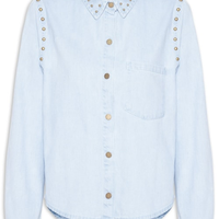 Camisa Feminina Jeans Rebites Gola E Cava Azul