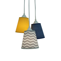 Lustre Infantil 3 Cúpulas Chevron Cinza, Jeans e Amarelo