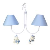 Lustre 2L Simples Com 2 Ursinhos De Boné Azul Quarto Bebê Infantil Menino